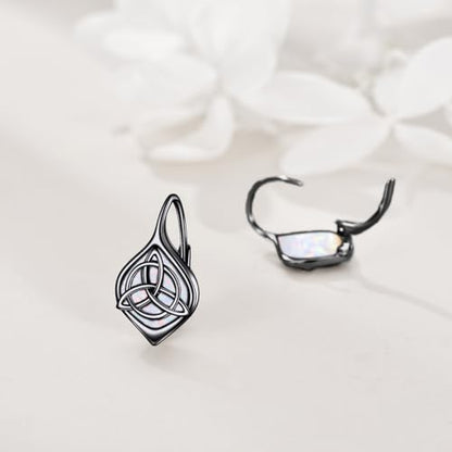 Celtic Trinity Knot Earrings for Women 925 Sterling Silver Triquetra Knot Leverback Abalone Shell Irish Jewelry Tree of Life Gift - style: Black-White Opal-celtic knot