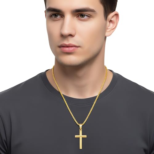 Fiusem Beveled Edge Cross Necklace for Men - size: 16 inches, style: Gold cross: 1.4"*0.8"