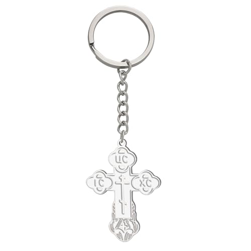 TEAMER Cross Keychain Russian Orthodox Crucifix Eastern Church Keychain Religious Christian Prayer Jewelry for Men Women - color: White Silver