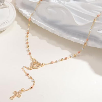 Women's Gold Virgin Mary Necklace, 14k Gold Plated Rosary Bead Cross Chain - style: Rose gold-Style 2