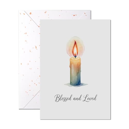 Religious Sympathy Card, Single Card – Blessed and Loved Watercolor Candle Design – 5x7 Faith Comfort Card With Envelope for Condolence, Remembrance and Prayer - color: Candle