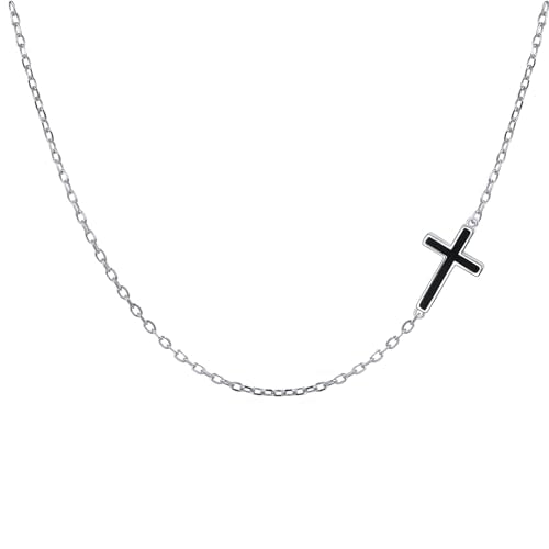 DAOCHONG S925 Sterling Silver Sideways Cross Choker Necklace 14+4 Inch - color: Silver-Black