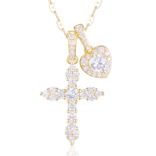 Moissanite Double Cross Necklace, Women Moissanite Diamond Cross Pendant - color: 14k Gold Vermeil Cross+Heart