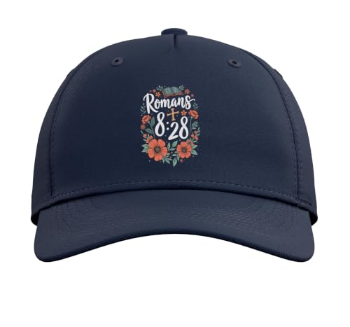 Romans 8:28 Bible Verse Flowers Cross Christian Women Adjustable Baseball Hat - color: Navy Blue