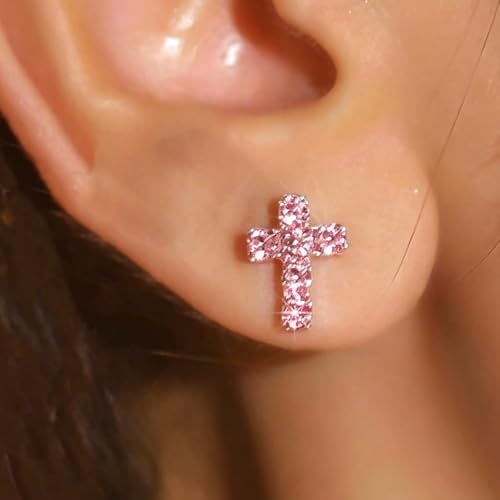 Cross Stud Earrings for Women Small Dainty Cross Earrings Tiny Sparkling Studs Silver Tone Faith Minimalist Simple Lightweight Everyday Fashion Jewelry - color: A2：Pink Cross Stud Earrings