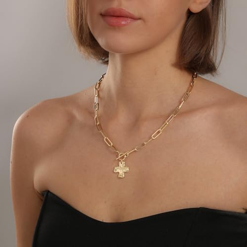 Bheop Chunky Cross Necklace for Women, 14K Gold Silver Statement Necklace - color: GD-Toggle Necklace(0.8 inch Pendant)