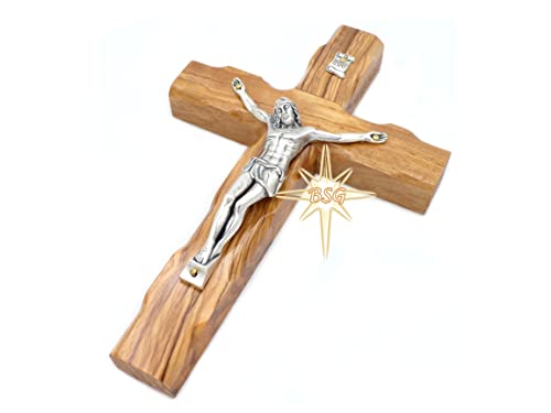 Dacaret Factory Wall Crucifix, Olive wood Cross, Wooden Catholic Cross for New Home, Religious Gift, Christmas Gifts, Holy Land Christian Spiritual Decor (6 Inches) Brown, Black with Grains - size: 6.3"L x 4"W