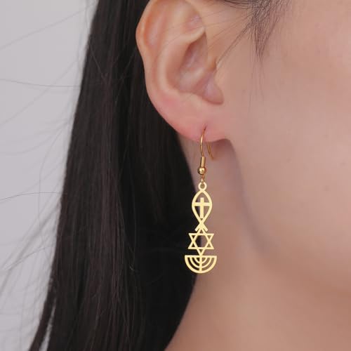 Messianic Seal Dangle Earrings Messianic Seal of Jerusalem Earrings Star of David,Ichthus with Cross,Menorah,Jewish Star Earrings Religious Hanukkah Jewelry Token of Prayer - color: gold