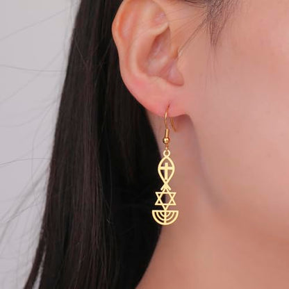 Messianic Seal Dangle Earrings Messianic Seal of Jerusalem Earrings Star of David,Ichthus with Cross,Menorah,Jewish Star Earrings Religious Hanukkah Jewelry Token of Prayer - color: gold