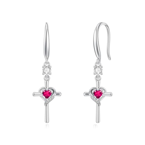 Seiyang Cross Birthstone Earring 925 Sterling Silver Cross Dangle Drop Earrings with 12 Months Birthstone Birthday Jewelry Gifts for Women Mom Her - color: 07-July, size: Style A