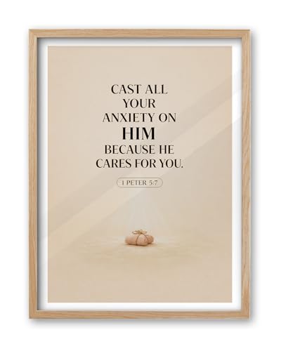 iHery 12x16in 1 Peter 5:7 Cast Your Anxiety Framed Christian Wall Art - color: OAK Framed Cast, size: 16"L x 12"W