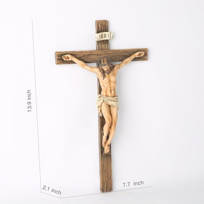 BC Catholic Crucifix Wall Cross, 14"H Jesus Statue Cross for Wall - size: 14"L x 7.7"W