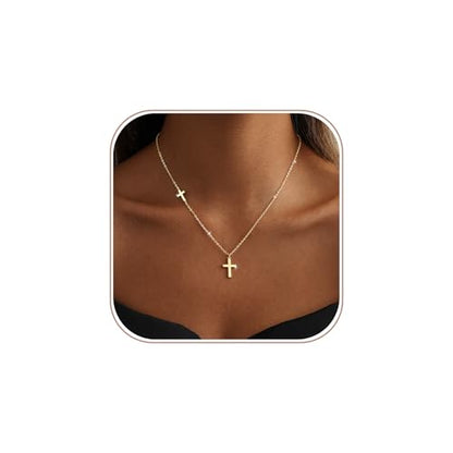 Cross Necklace for Women 14K Gold Silver Plated Small Cross Necklace Dainty Cross Pendant Choker Simple Trendy Cute Sideway Cross Charm Chain Necklaces for Women Trendy Christian Baptism Religious Faith Jewelry Gifts - size: Gold-152