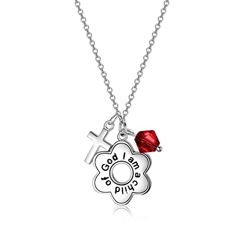 AOBOCO 925 Sterling Silver I Am a Child of God Daisy Necklace Jewelry Birthday Birthday Baptism Communion Gifts for Girls - color: Simulated Garnet