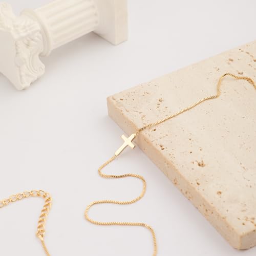 Rotnso Cross Necklace for Women 14K Gold Plated Dainty Small Pendant Choker - style: Thin Box Chain Sideways Cross-GD