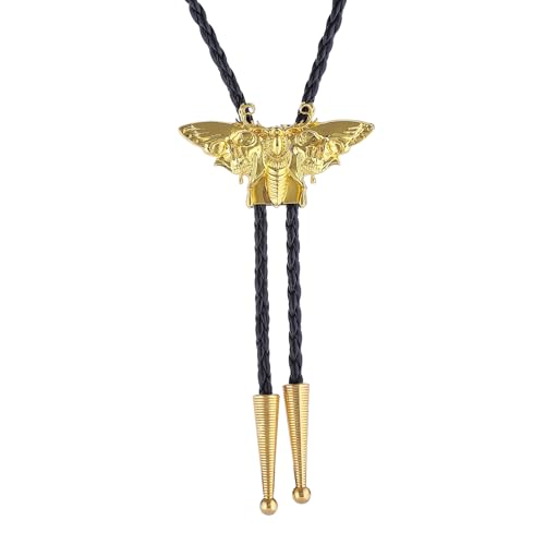 Western Cowboy Bolo tie for Men Women Gold Silver Death Skull Moth Cross Bolo Tie Christmas Deer Rooster Wolf Necktie Gift - color: 4# Gold Moth