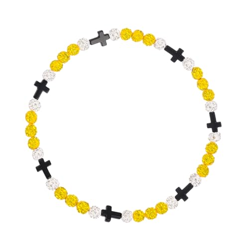 Baseball Bead Cross Necklace for Boys Kids, Elastic Rhinestone Bling Necklace Drip Gifts for Teens Players - color: Black Cross/Yellow/White
