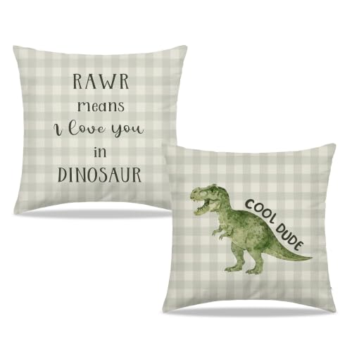 Dibor Green Dinosaur Boy Nursery Throw Pillow Covers 18x18 Set of 2 - color: Dude