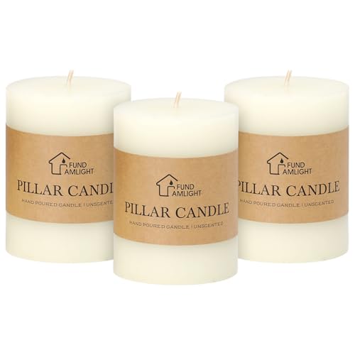 3x4 Inch White Pillar Candles Set of 3, Hand-Poured Unscented Pillar Candle - color: White, size: 3x4