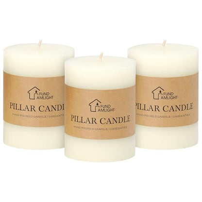 3x4 Inch White Pillar Candles Set of 3, Hand-Poured Unscented Pillar Candle - color: White, size: 3x4