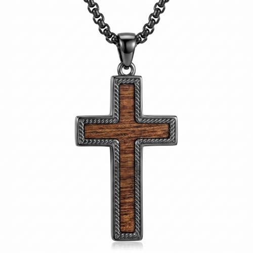 Cross Necklace for Men 925 Sterling Silver & Wood Cross Pendant with Stainless Steel Chain Cross Necklace for Men Women Christian Jewelry Gift - color: Cross-3