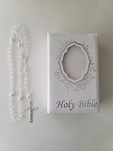 White and Silver Bible for First Communion/Sweet 16/ Confirmation with a Crystal Rosary