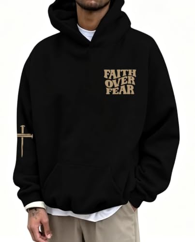 Faith Over Fear Hoodie Men Christian Sweatshirt Religious Sayings Pullover Vintage Bible Verse Inspirational Top - color: Black4, size: Small