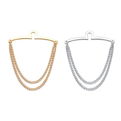 2Pcs Tie Chain for Men Classic with Double Single Gold Silver Elegant Chain Tie Cilp - color: double chain gold silver