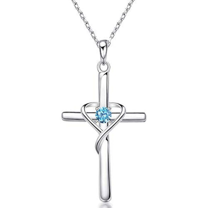 AmorAime 925 Sterling Silver Cross Necklace for Women Men 14K Gold Plated 5A CZ Birthstone Necklaces for Holiday - color: L.Blue-December-Blue Topaz