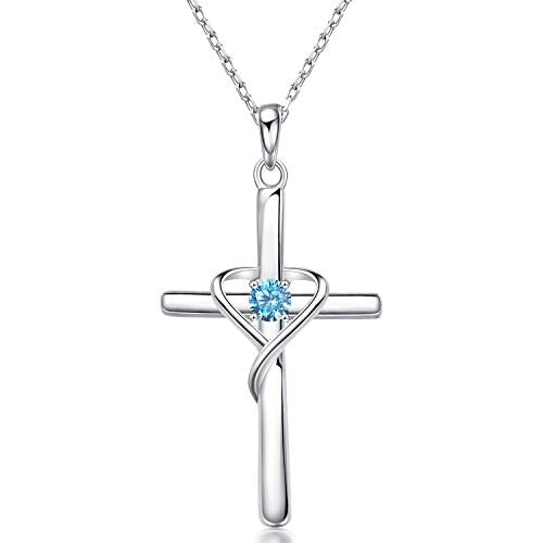 AmorAime 925 Sterling Silver Cross Necklace for Women Men 14K Gold Plated 5A CZ Birthstone Necklaces for Holiday - color: L.Blue-December-Blue Topaz