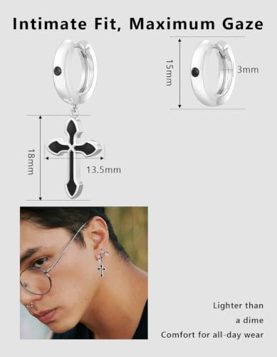 KRKC&CO Dangle Cross Earrings for Men, Sterling Silver Plated Black Drop - color: Silver-C