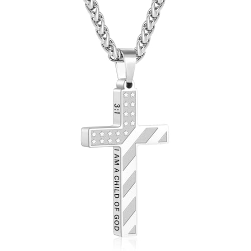 Cross Necklace for Men, 316L Stainless Steel American Flag Bible Verse Christmas Christian Catholic Baptism Confirmation Gifts 22+2 Inches - color: Silver, style: 3:1 I AM A CHILD OF GOD