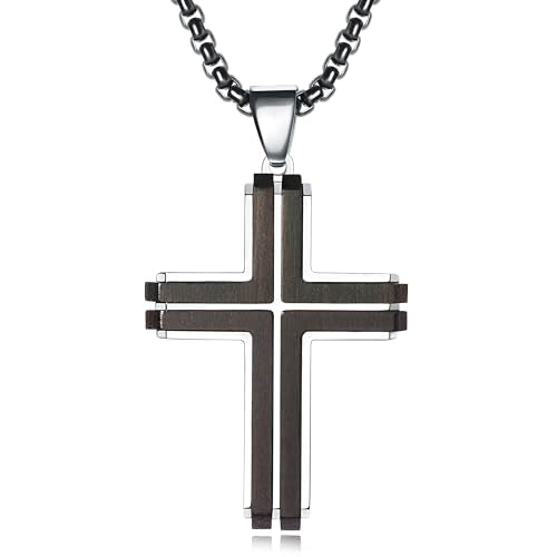 Wooden Cross Necklace for Men, Natural Ebony Mens Cross Necklaces Black Stainless Steel Christian Wood Crucifix Pendant，with Necklace 24" Box Chain - color: Silver-Inlaid Ebony