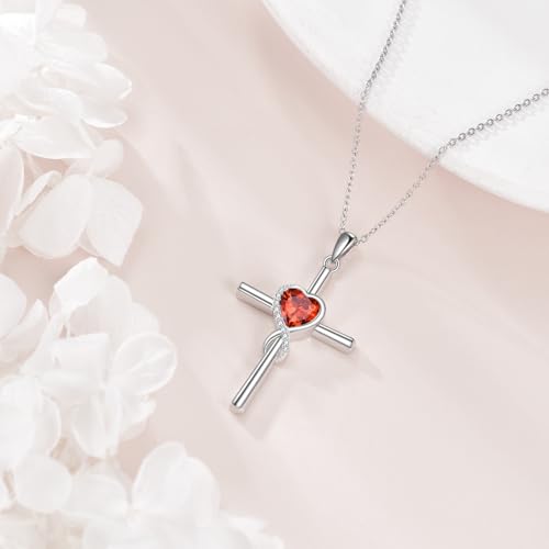 S925 Sterling Silver Cross Necklace for Women Birthstone Necklace Heart Infinity Cross Pendant Necklace Christmas Valentines Day Gifts Birthday Holiday Gifts for Her, 18"+2" Inches - color: 01-Jan Birthstone - Garnet