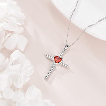 S925 Sterling Silver Cross Necklace for Women Birthstone Necklace Heart Infinity Cross Pendant Necklace Christmas Valentines Day Gifts Birthday Holiday Gifts for Her, 18"+2" Inches - color: 01-Jan Birthstone - Garnet