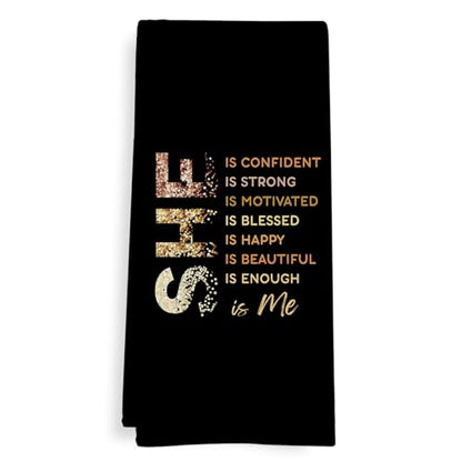 Black Gold She is Me Kitchen Towels, Inspirational Gifts for Women, Postive Affirmations Golden Dish Tea Towels for Kitchen, Inspirational Self Care Hand Towels for Girls Bathroom, 16x24 Inch - color: She