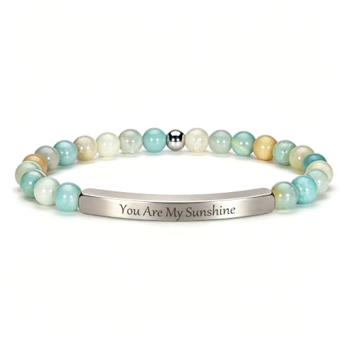 Inspirational Christian Bracelet for Women, 18K Gold Plated Bible Verse Jewelry with Amazonite Beads, Religious Faith Gift for Mom, Daughter, Sister, Friend - color: You are my sunshine-Amazonite Silver