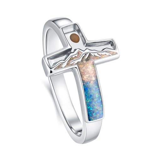 Mustard Seed Ring 925 Sterling Silver Turquoise/Opal/Malachite/Abalone Mountain Cross Ring Jewelry Gift for for Women Girlfriend - style: Opal