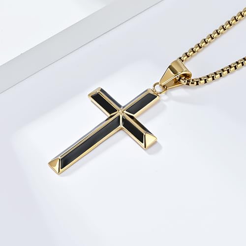 Cross Necklace for Men,Stainless Steel Christian Pendant Jewelry - color: A-Gold-60cm chain