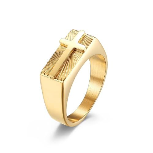 Cross Jesus Religious Christian Signet Band Ring fo Men Women - color: Gold, size: 11.5