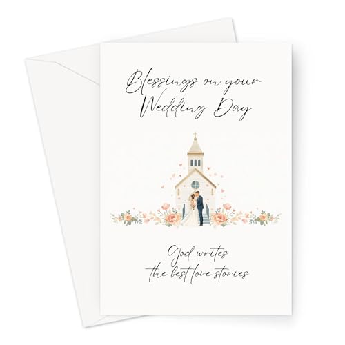 Blessings On Your Wedding Day Card for Bride and Groom | Married Couple In Front of Church Illustration with Bible Verse 1 Corinthians 13:13 | God Writes The Best Love Stories | Christian Couples | Congratulations on your Marriage For Religious Friends an