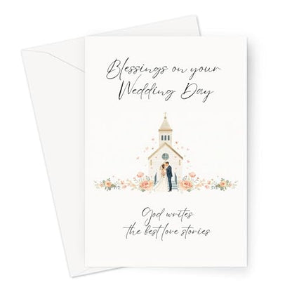 Blessings On Your Wedding Day Card for Bride and Groom | Married Couple In Front of Church Illustration with Bible Verse 1 Corinthians 13:13 | God Writes The Best Love Stories | Christian Couples | Congratulations on your Marriage For Religious Friends an