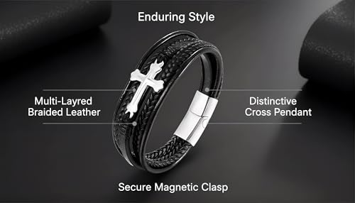 Stainless Steel Braided Leather Bracelet for Men Cuff Bangle Cross - color: Black&Sliver-Style A