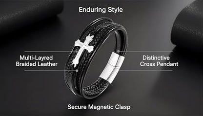 Stainless Steel Braided Leather Bracelet for Men Cuff Bangle Cross - color: Black&Sliver-Style A