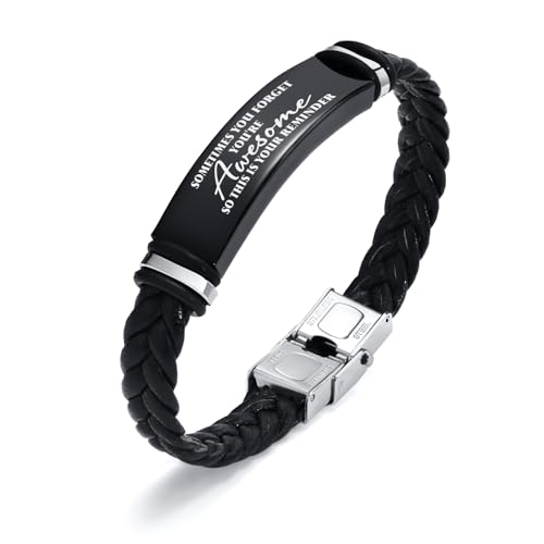 Leather Bracelet Sobriety Gifts for Men : Inspirational Quote/Bible Verse Engraved Braided Black Mens Bracelet for Him, Customized Religious Christian Gift Jewelry for Son/Dad/Boys/Boyfriend/Husband - style: 12:Sometimes you forget you're awesome