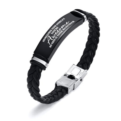 Leather Bracelet Sobriety Gifts for Men : Inspirational Quote/Bible Verse Engraved Braided Black Mens Bracelet for Him, Customized Religious Christian Gift Jewelry for Son/Dad/Boys/Boyfriend/Husband - style: 12:Sometimes you forget you're awesome