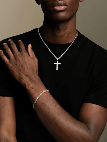 NORBU Stainless Steel Cross Necklace and Bracelet Set for Men, Cuban Link - color: Silver Rope