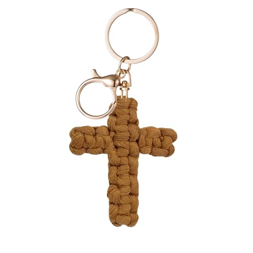 Macrame Cross Keychain,Jesus Key Chain Christian Car Accessories Handmade Soft Cross Keychain Cute Baptism Faith Inspired Boho Decor for Women Men Religious Gifts(Caramel)