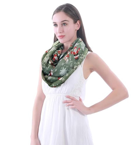 Lina & Lily Holiday Christmas Pattern Print Women's Infinity Scarf Lightweight - color: Green White, Xmas Santa Claus Snowman