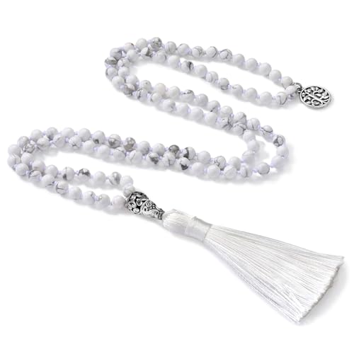 INBLUE 108 Mala Prayer Beads Wrap Necklace with Long Tassel Boho Necklace for Women Amazonite Bead Bracelet with Spiritual Tree of Life Pendant 108 Beads Necklace for Meditation - color: Natural White Howlite